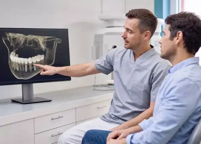 Lekarz omawia trójwymiarowy obraz CBCT podczas kwalifikacji do implantów