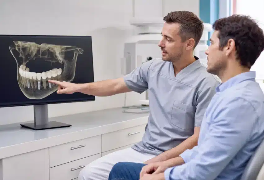 Lekarz omawia trójwymiarowy obraz CBCT podczas kwalifikacji do implantów