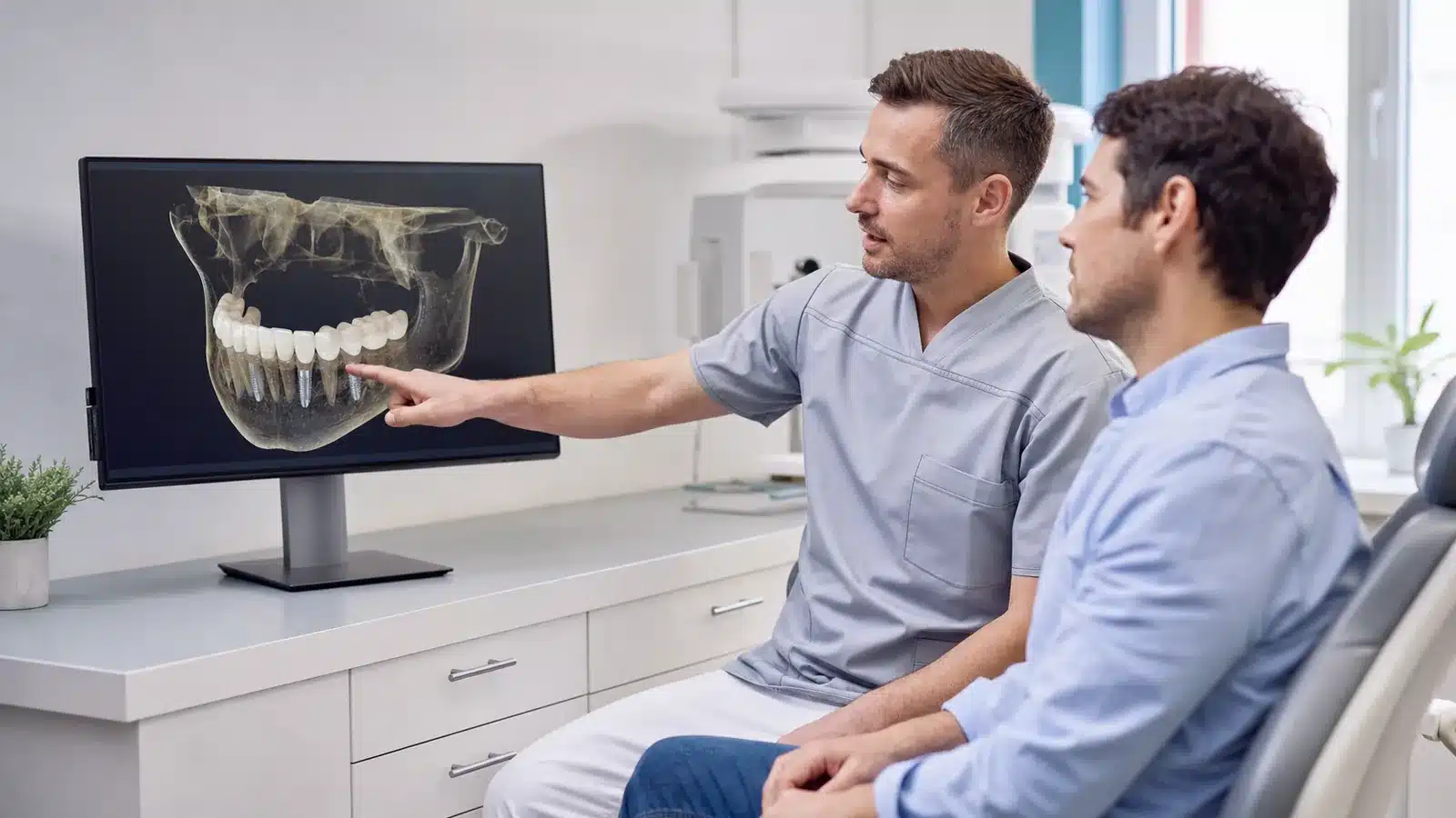 Lekarz omawia trójwymiarowy obraz CBCT podczas kwalifikacji do implantów