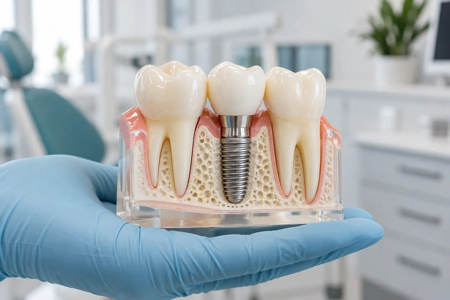 Model edukacyjny przedstawiający implant zębowy z koroną protetyczną